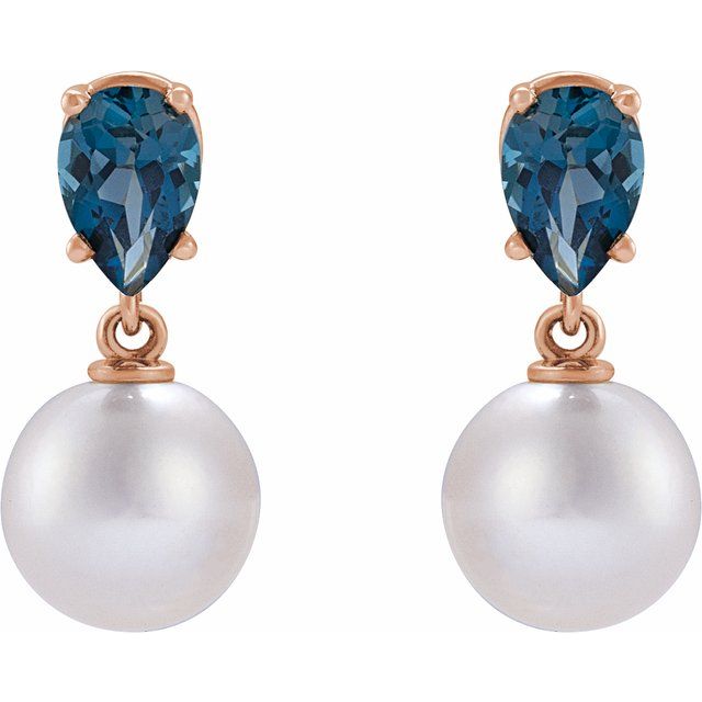 Elegant 14K Rose Gold Akoya Pearl & Tanzanite Drop Earrings