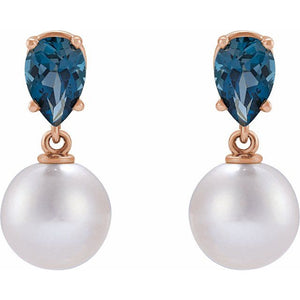 Elegant 14K Rose Gold Akoya Pearl & Tanzanite Drop Earrings