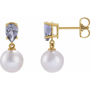 Cultured White Akoya Pearl & Natural Tanzanite Pear Shape Earrings in 14K Gold, Silver & Platinum