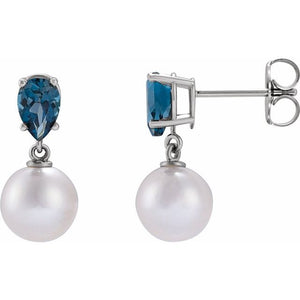Cultured White Akoya Pearl & Natural Tanzanite Pear Shape Earrings in 14K Gold, Silver & Platinum