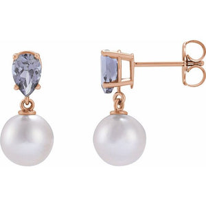 Cultured White Akoya Pearl & Natural Tanzanite Pear Shape Earrings in 14K Gold, Silver & Platinum