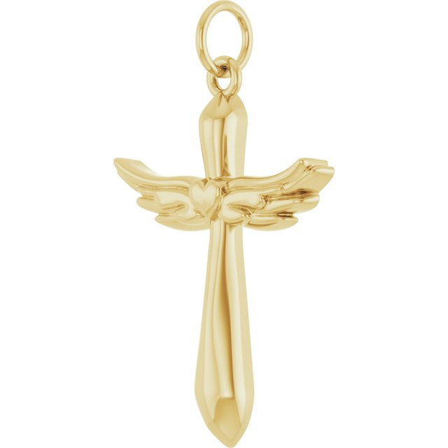 14K Yellow Gold Heart Cross Pendant with Angel Wings â€“ Elegant Design