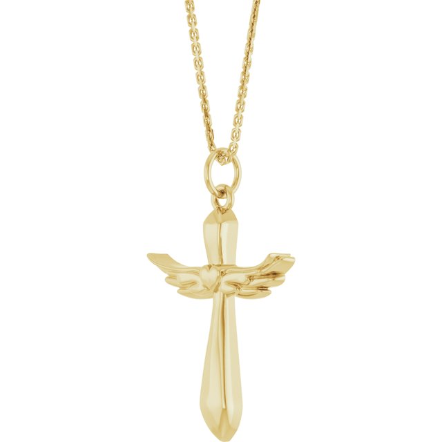 14K Yellow Gold, 19.9x12.5 mm Angel Wings Heart Cross Necklace with Diamonds