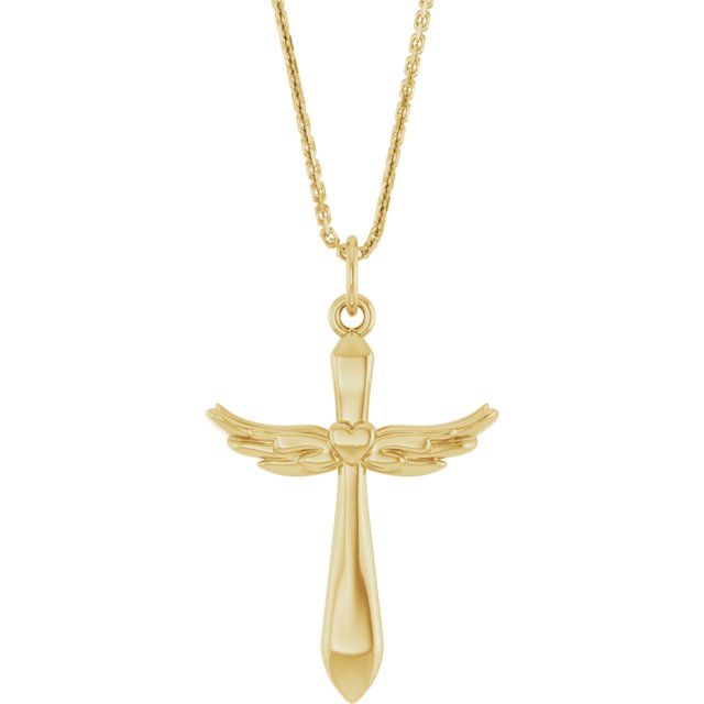 14K Yellow Gold, 19.9x12.5 mm Angel Wings Heart Cross Necklace with Diamonds