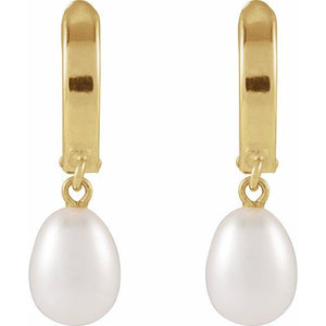 14K Yellow Gold Cultured White Freshwater Pearl Hoop Earrings