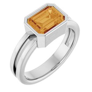 Natural Citrine Emerald Cut Ring Set in 14K Gold, Platinum & Silver