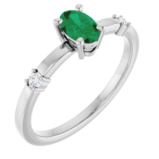 14K White Gold Oval Lab-Grown Emerald & Natural Diamond Ring