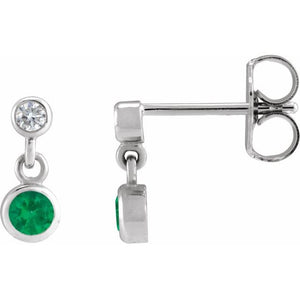 0.05 CTW Lab-Grown Emerald and Natural Diamond Bezel Set Earrings in 14K Gold, Silver & Platinum