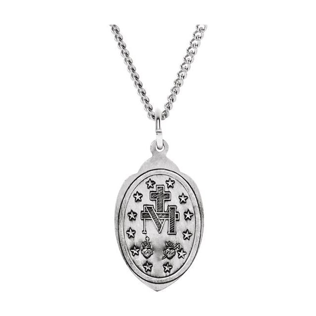 Sterling Silver 23x15  mm Oval Miraculous Medal 18" Necklace