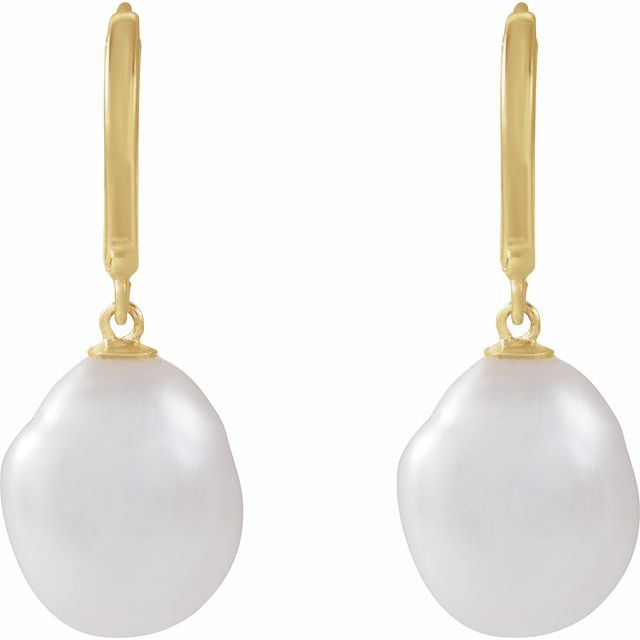 14K Yellow Gold Cultured White Freshwater Keshi Pearl Hoop Earrings