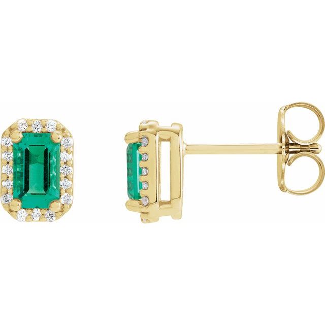 14K White Gold Halo-Style Earrings with Lab-Grown Emerald & .07 CTW Natural Diamonds