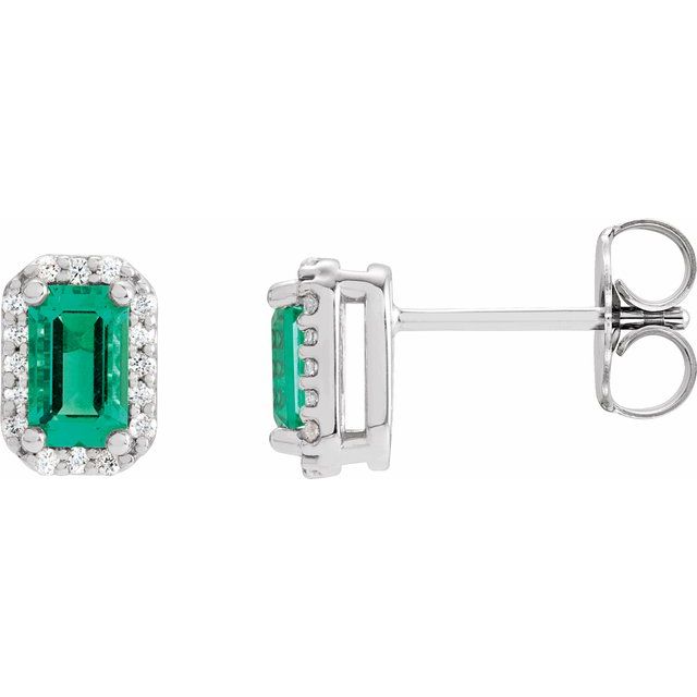 0.07 CTW Lab-Grown Emerald and Natural Diamond Halo Earrings in 14K Gold, Silver & Platinum