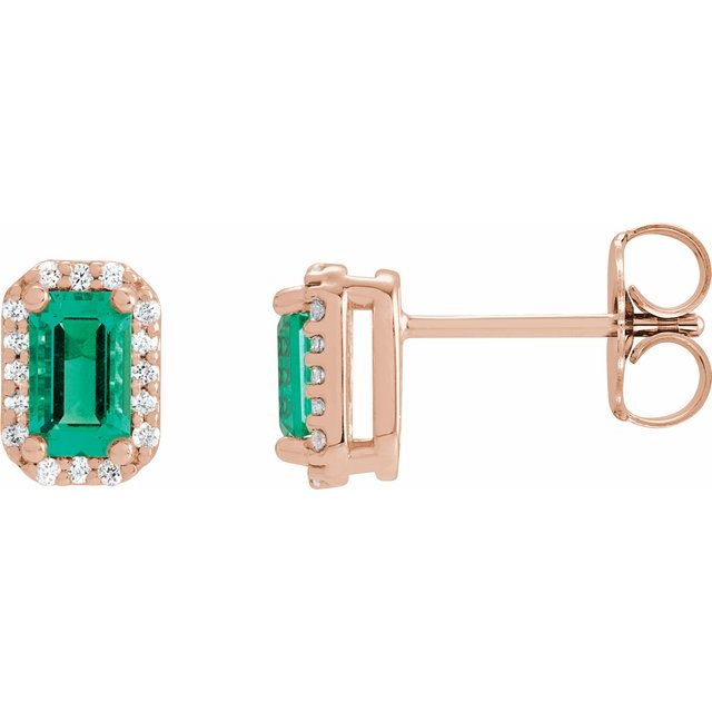 14K White Gold Halo-Style Earrings with Lab-Grown Emerald & .07 CTW Natural Diamonds