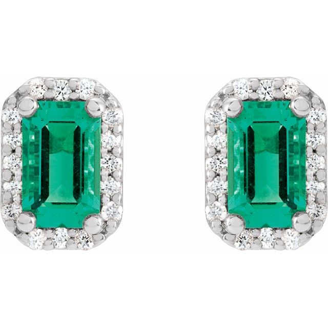 14K White Gold Halo-Style Earrings with Lab-Grown Emerald & .07 CTW Natural Diamonds