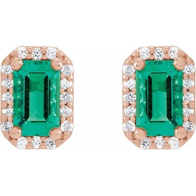 14K White Gold Halo-Style Earrings with Lab-Grown Emerald & .07 CTW Natural Diamonds