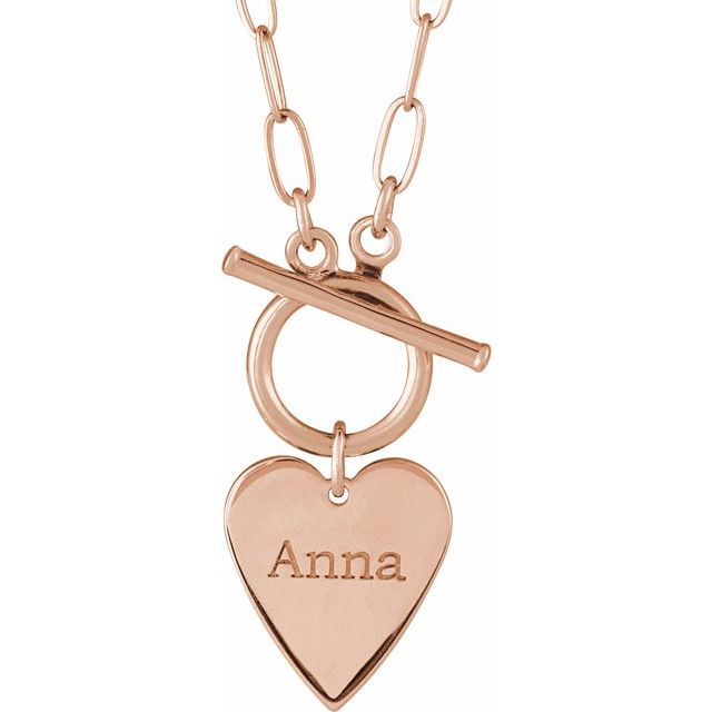 14K White Gold 18" Engravable Heart Toggle Necklace - Elegant Design