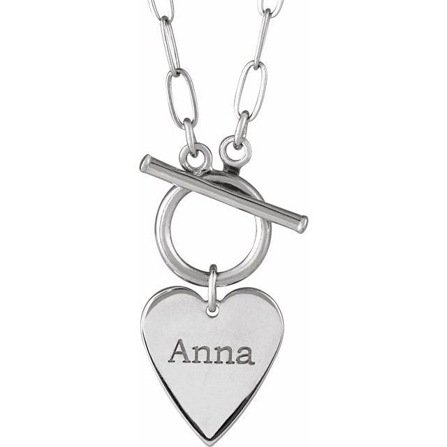 14K White Gold 18" Engravable Heart Toggle Necklace - Elegant Design