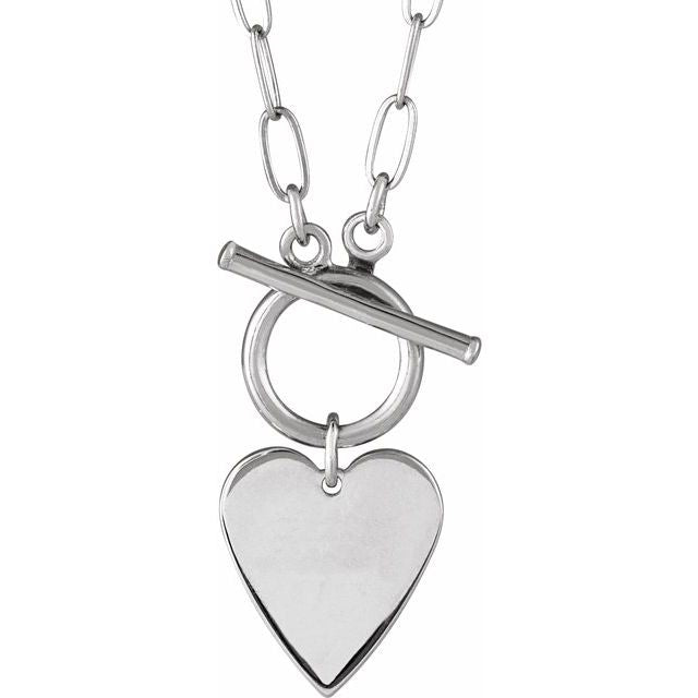 14K White Gold 18" Engravable Heart Toggle Necklace - Elegant Design