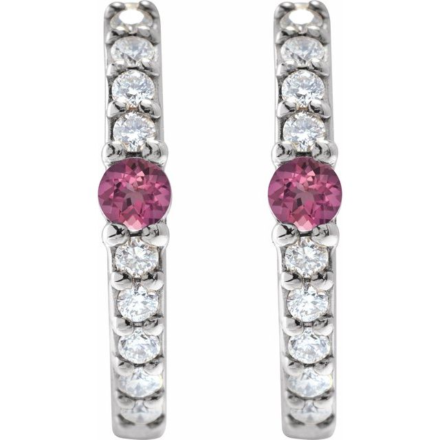 14K White Gold Natural Pink Tourmaline & 1/8 CTW Diamond Hoop Earrings