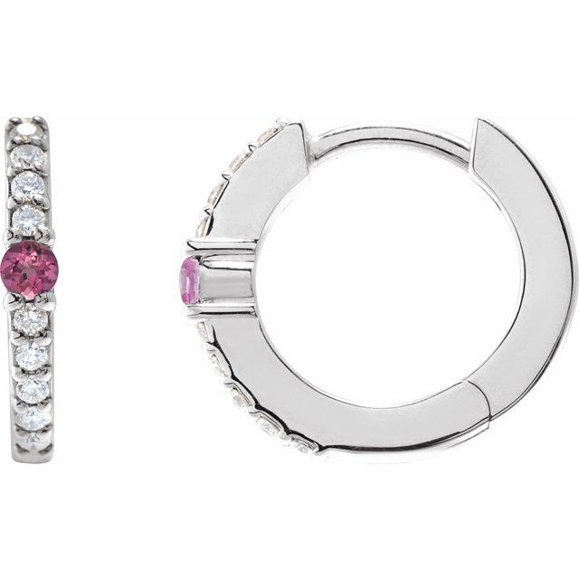 14K Gold Pink Tourmaline And Diamond Huggie Earrings
