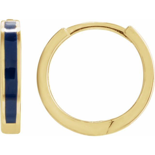 14K Yellow Gold 12.1 mm Blue Enamel Hinged Hoop Earrings