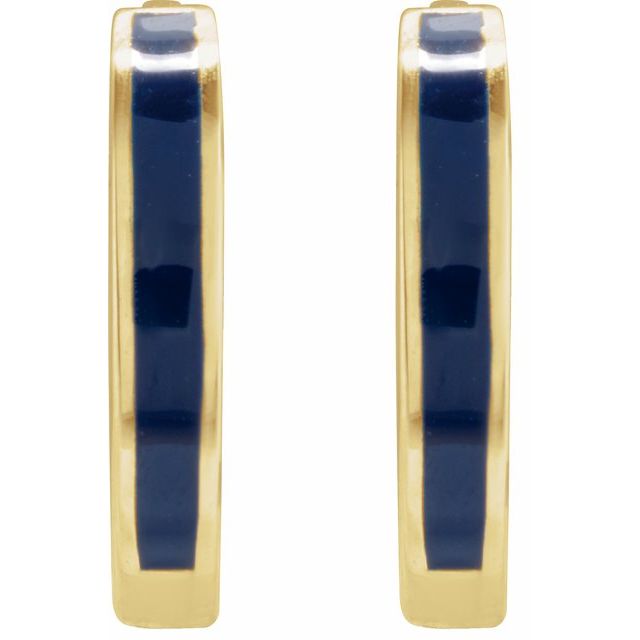 14K Yellow Gold 12.1 mm Blue Enamel Hinged Hoop Earrings