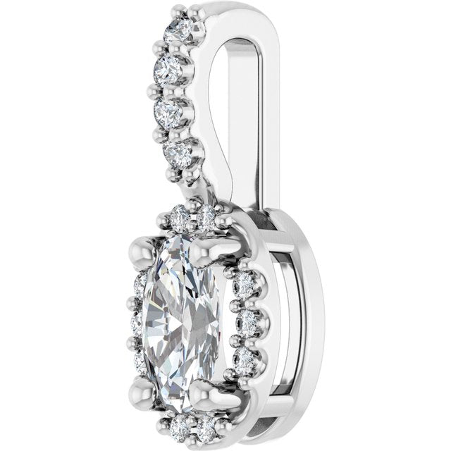 14K White Gold Halo-Style Pendant with 7x5 mm Lab-Grown Moissanite & .07 CTW Natural Diamond