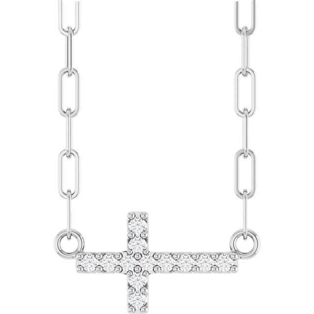 14K White Gold .08 CTW Natural Diamond Sideways Cross Necklace 18"