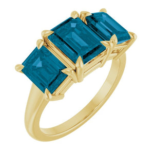 14K Gold Natural London Blue Topaz Three-Stone Ring