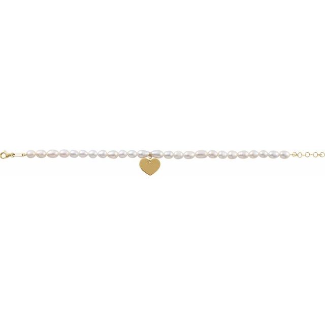 14K Yellow Gold, 5-5.5 mm Cultured White Freshwater Pearl Heart Bracelet