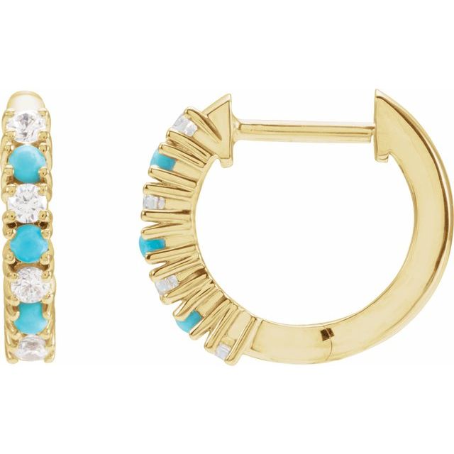 14K Yellow Gold Natural Turquoise & 1/3 CTW Diamond Hoop Earrings