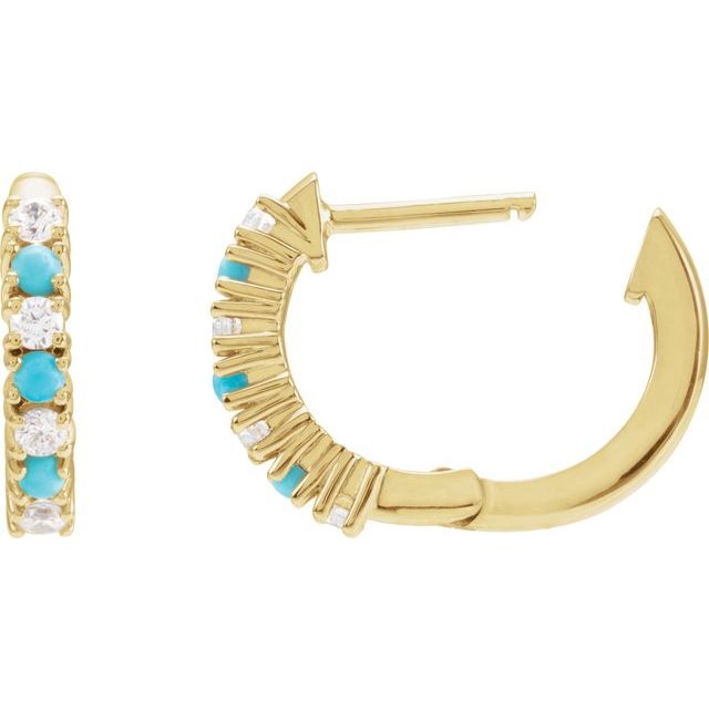 14K Yellow Gold Natural Turquoise & 1/3 CTW Diamond Hoop Earrings