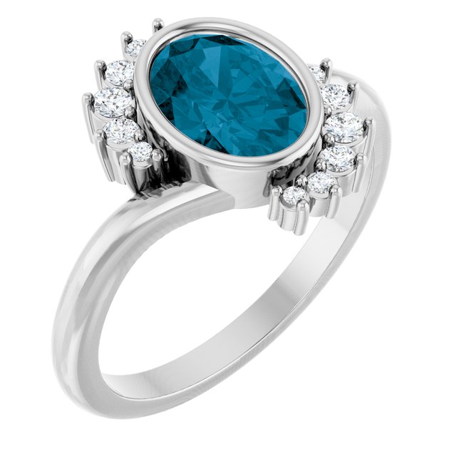 Platinum Oval London Blue Topaz Ring with 1/8 CTW Natural Diamonds