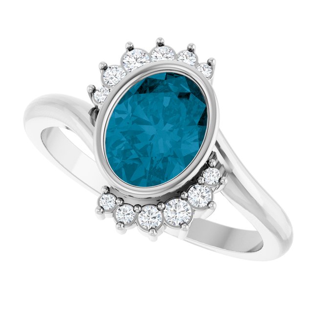 Platinum Oval London Blue Topaz Ring with 1/8 CTW Natural Diamonds