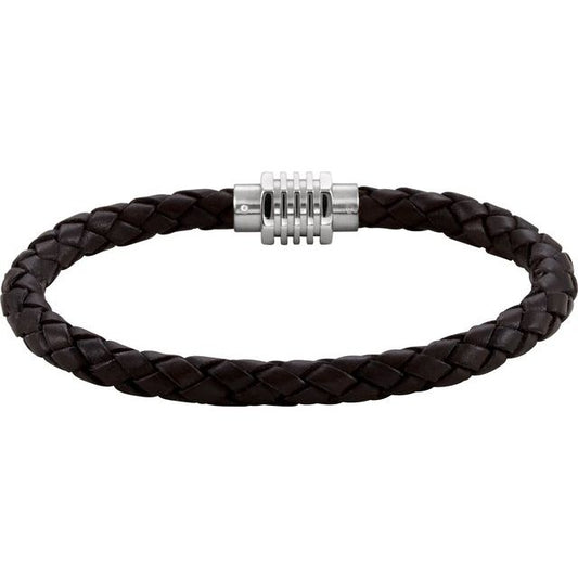 Stainless Steel & 6  mm Black Braided Leather 8" Bracelet