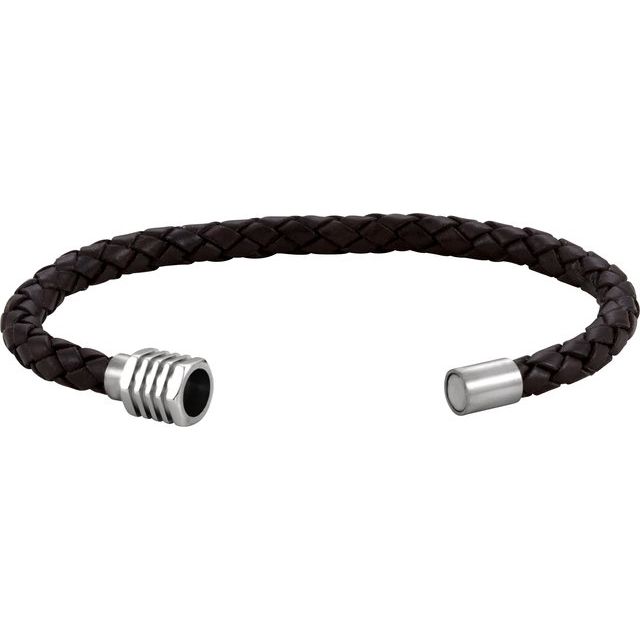 Stainless Steel & 6 mm Black Braided Leather Adjustable Bracelet