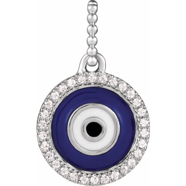 14K Gold Natural Diamond Blue Enameled Evil Eye Pendant