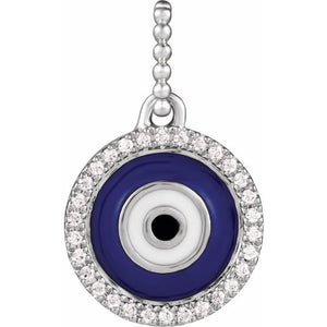 14K Gold Natural Diamond Blue Enameled Evil Eye Pendant