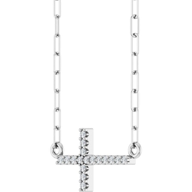 14K White Gold .08 CTW Natural Diamond Sideways Cross Necklace 18"