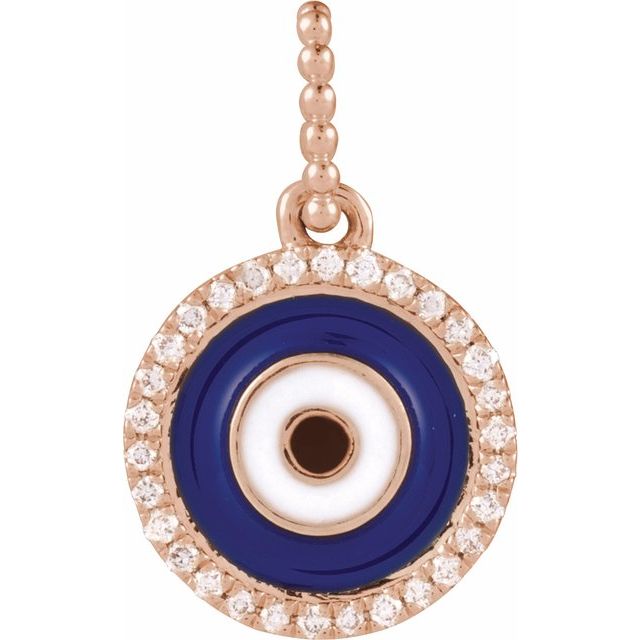 14K Gold Natural Diamond Blue Enameled Evil Eye Pendant