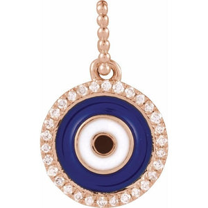 14K Gold Natural Diamond Blue Enameled Evil Eye Pendant