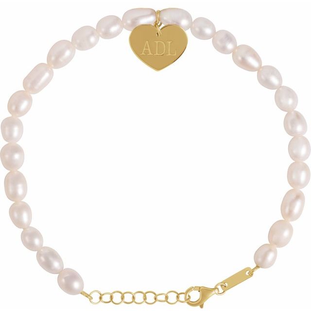 14K Yellow Gold, 5-5.5 mm Cultured White Freshwater Pearl Heart Bracelet