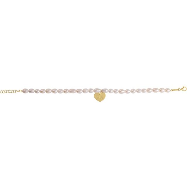 14K Yellow Gold, 5-5.5 mm Cultured White Freshwater Pearl Heart Bracelet