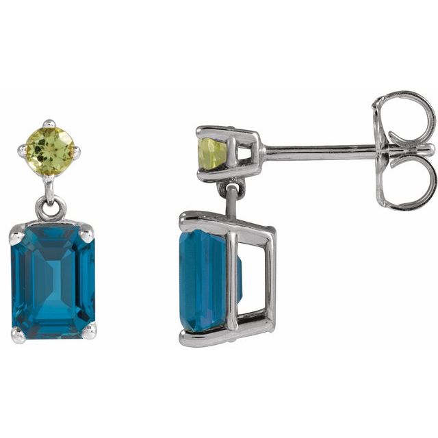 14K Yellow Gold Natural London Blue Topaz & Peridot Dangle Earrings