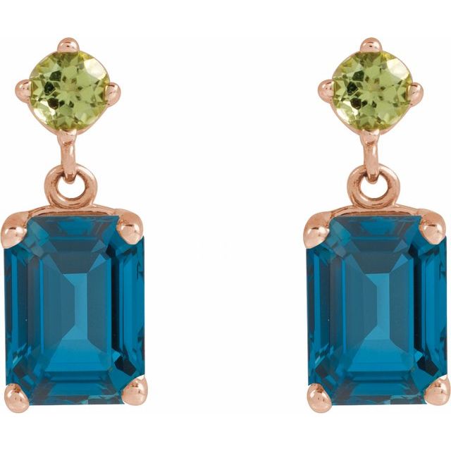 14K Yellow Gold Natural London Blue Topaz & Peridot Dangle Earrings