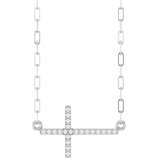 14K White Gold .08 CTW Natural Diamond Sideways Cross Necklace 18"