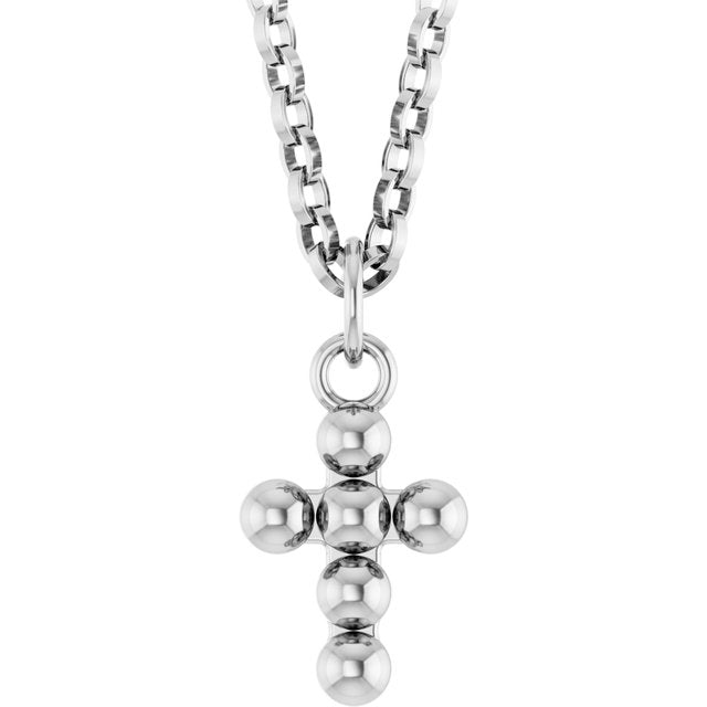 14K White Gold 12.3x6 mm Beaded Cross Necklace - Elegant Design