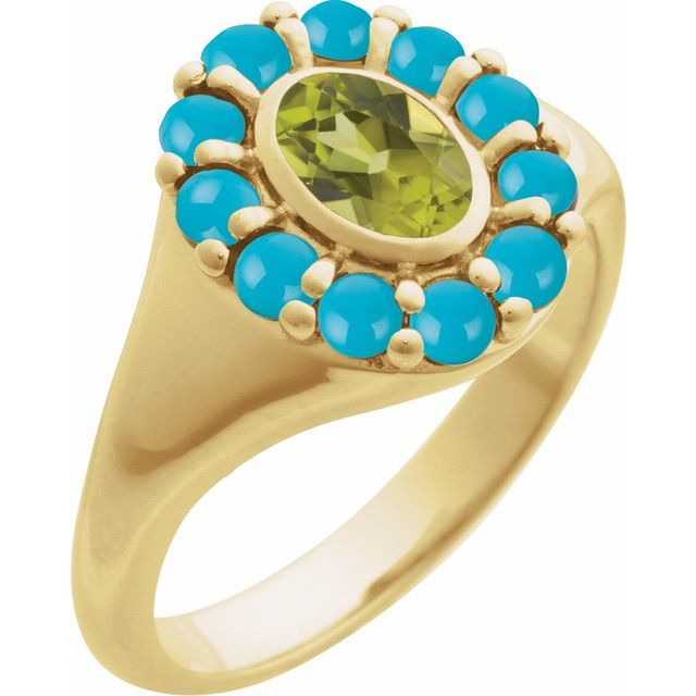 14K White Gold Natural Peridot & Turquoise Halo-Style Ring