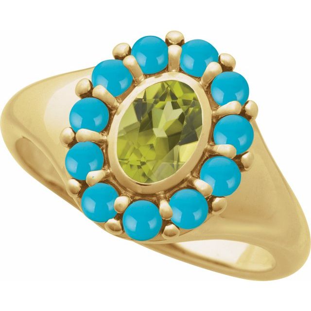 14K White Gold Natural Peridot & Turquoise Halo-Style Ring