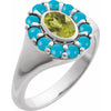 14K White Gold Natural Peridot & Turquoise Halo-Style Ring